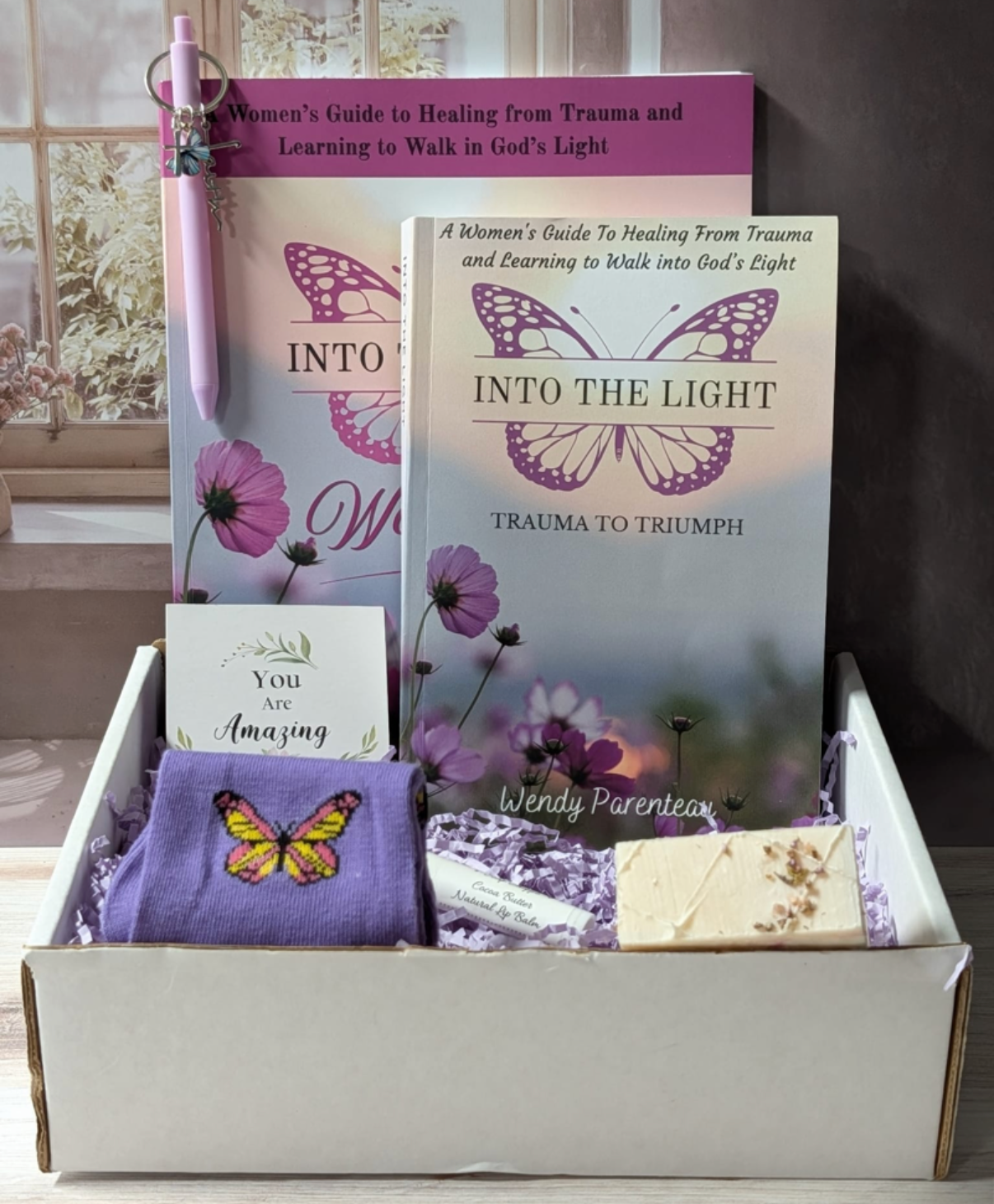 Gift Box #5 - Book, Workbook, Butterfly key chain and socks, Affirmation Card, Lavender pen,Lip Balm and Butterfly Fields Soap