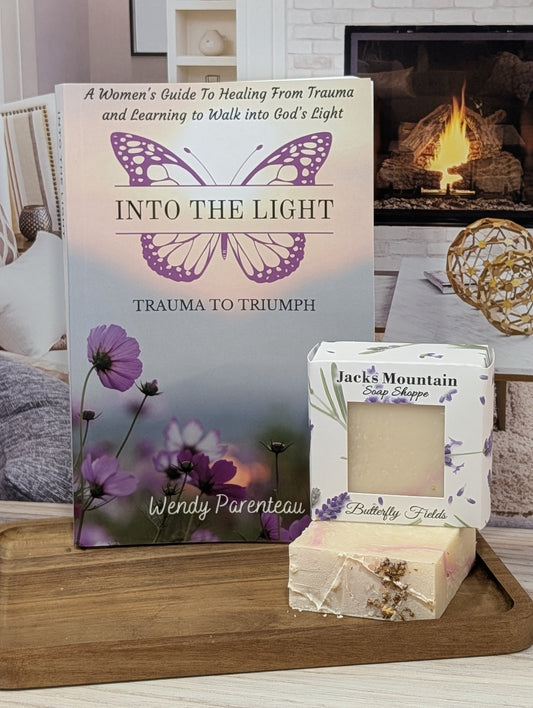 Gift Box #1      Into the Light Trauma to Triumph book and Butterfly Fields Luxurious Soap