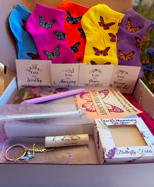 Gift Box #5 - Book, Workbook, Butterfly key chain and socks, Affirmation Card, Lavender pen,Lip Balm and Butterfly Fields Soap